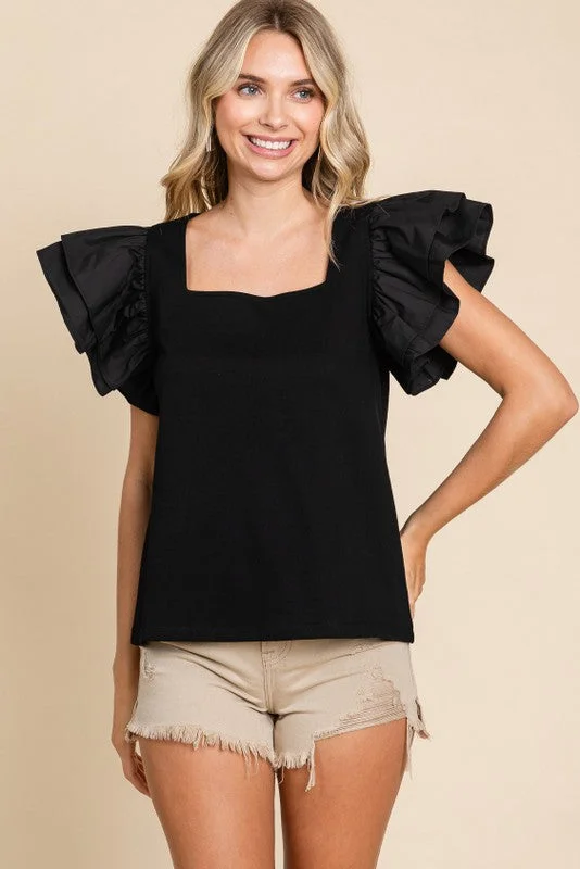 Women’s zip-up tops for active wear -Ruffle Season Off Black Top