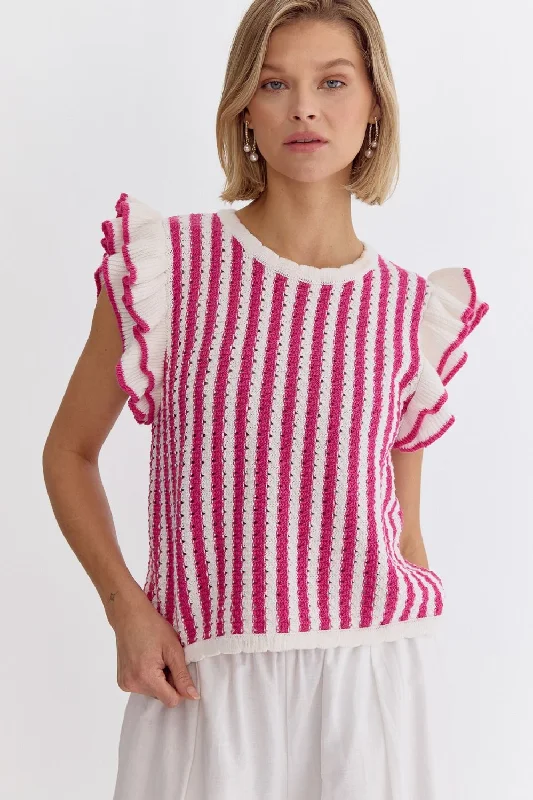 Women’s puffy sleeve tops for playful look -Ruffled Stripes Hot Pink Top