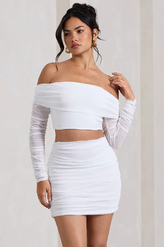 Women’s mesh tops for airy style -Rule Breaker | White Ruched Mesh Bardot Crop Top