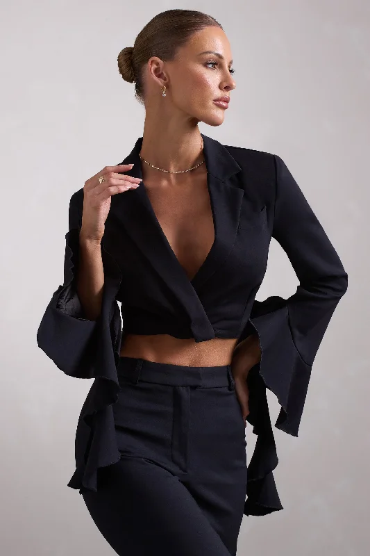 Women’s knit tops for casual comfort -Sophie | Black Cotton-Blend Tailored Cropped Blazer With Ruffled Cuffs