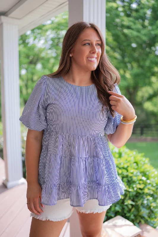 Women’s ribbed tops for textured style -Striped Inspiration Blue Tiered Top