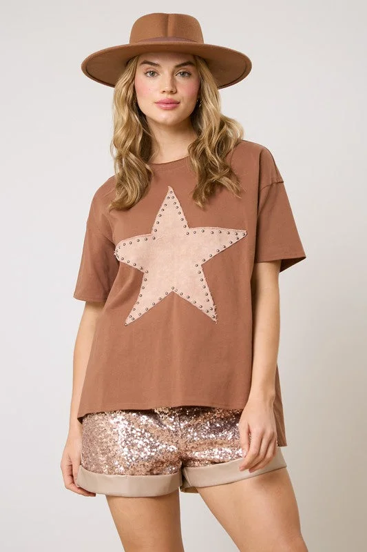 Women’s crop tops for trendy style -Studded Star Washed Brown Top