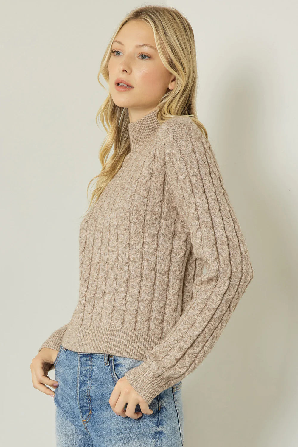 Women’s cowl neck tops for cozy warmth -Simplicity Taupe Cable Knit Sweater