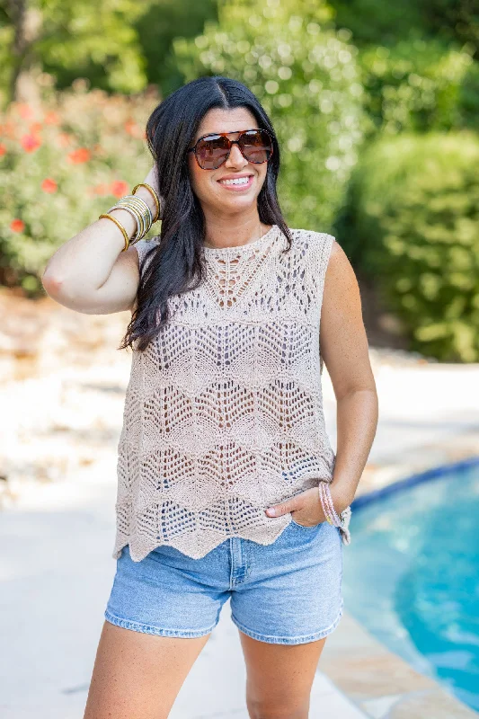 Women’s silk blouses for sophisticated look -Day Dreamin' Taupe Crocheted Top