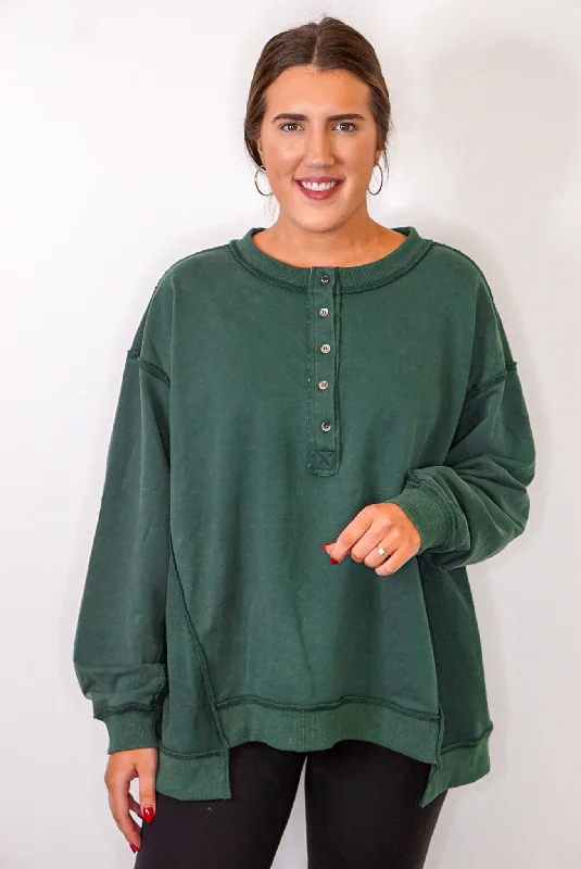 Women’s mock turtleneck tops for layered style -Stellar Weekend Washed Hunter Green Pullover