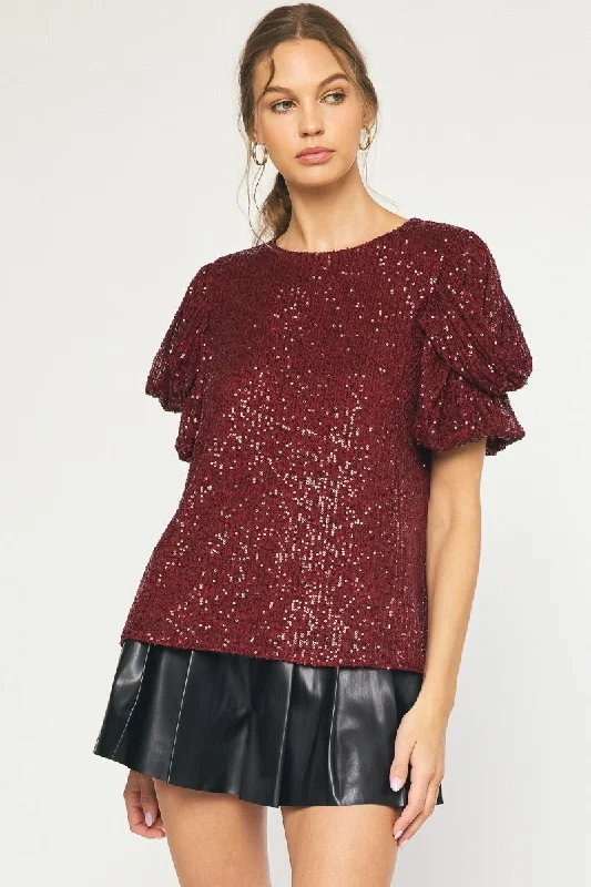 Women’s button-down shirts for polished look -Christmas Diva Wine Sequin Top