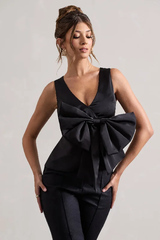 Women’s silk tops for luxury style -Adoration | Black Satin Plunge-Neck Top With Bow