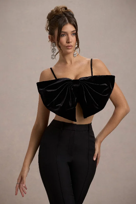 Women’s striped tops for nautical-inspired fashion -Adya | Black Velvet Strappy Bow Crop Top