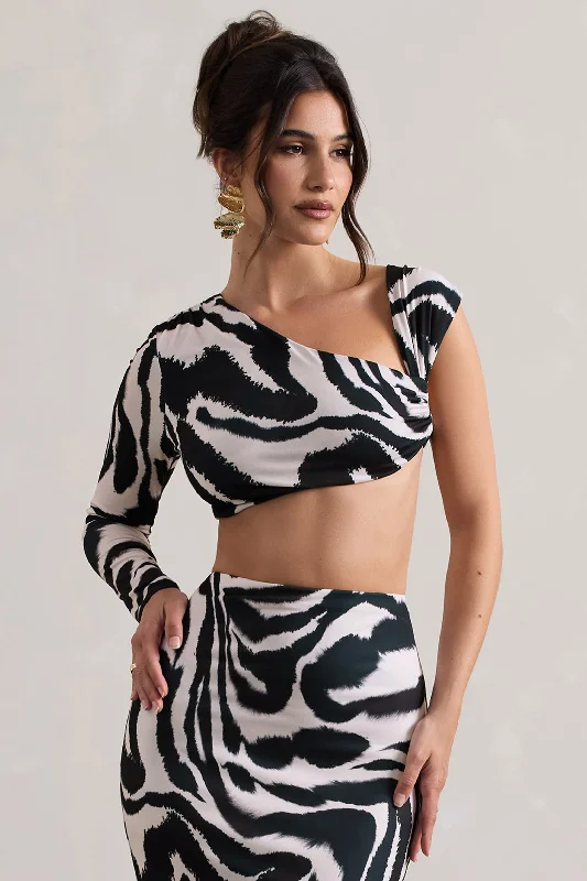 Women’s sweatshirts with prints for stylish casual wear -Agalia | Zebra Print Ruched Asymmetric One-Sleeve Crop Top