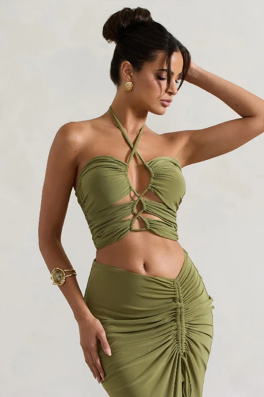 Women’s off-the-shoulder blouses for summer style -Bora Bora | Olive Ruched Halter-Neck Cut-Out Top