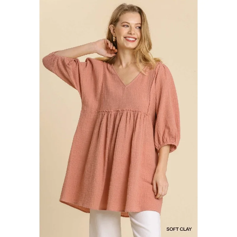 Women’s peasant dresses for boho style -Casual Gauze Sluby V-Neck Tunic Dress with Frayed Edge Details – Effortless Boho Chic