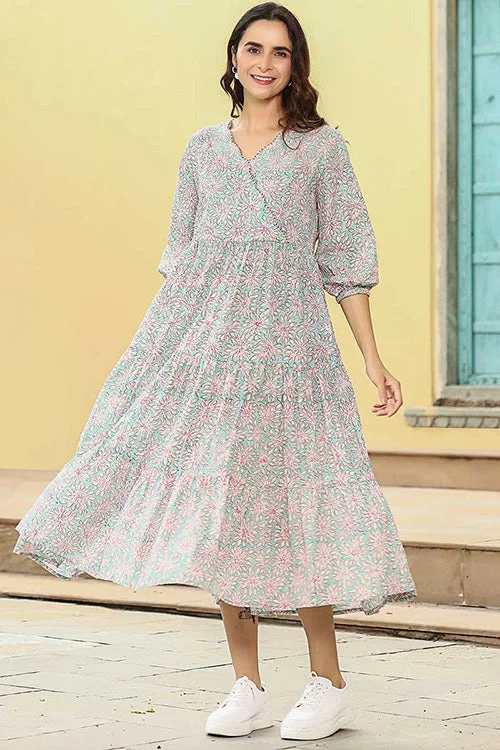 Women’s sheer dresses for ethereal look -Dharan "Daisy Dress" Blue Block Printed Dress