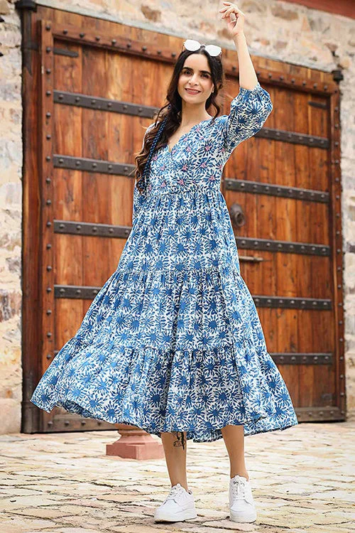 Women’s bodycon midi dresses for office to evening wear -Dharan "Daisy Dress" Indigo Block Printed Dress