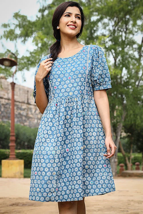 Women’s monochrome dresses for minimalistic style -Dharan "Firki Dress" Indigo Block Printed Dress