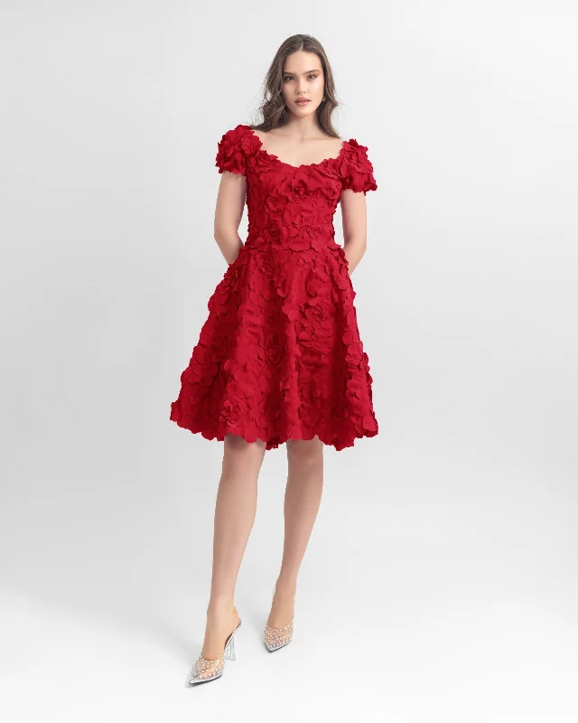 Women’s sequined dresses for festive events -Laser-Cut Red Short Dress