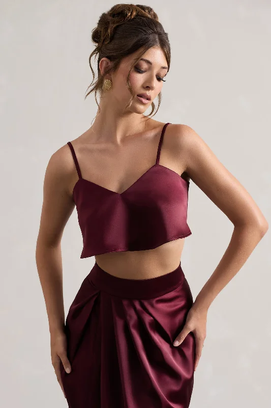 Women’s halter neck tops for elegant touch -Fawn | Plum Satin Cami Crop Top