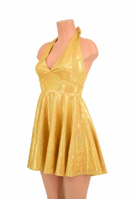 Women’s long sleeve dresses for cooler weather -Gold Sparkly Halter Skater Dress