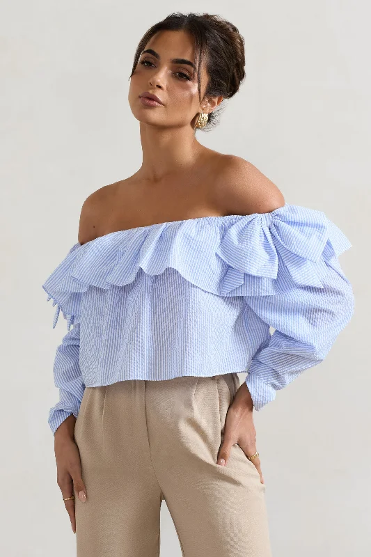 Women’s printed tops for bold fashion -Harbour | Blue Pinstripe Bardot Puff-Sleeve Top With Bows