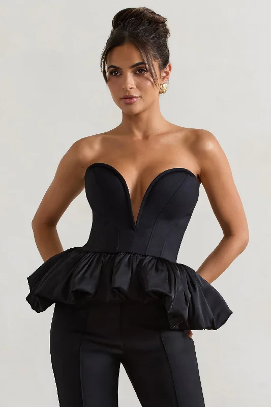 Women’s chiffon tops for light and airy feel -Huntley | Black Sweetheart Corset Top With Satin Puff Hem