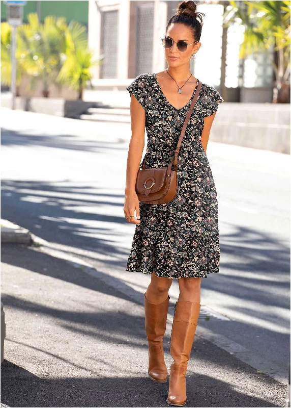 Women’s floral print wrap dresses for effortless style -V-Neck Mini Dress - Black Floral