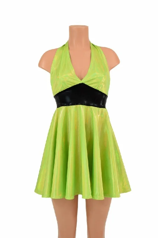 Women’s sleeveless dresses for hot weather -Lime Holo Halter Skater Dress