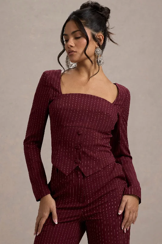 Women’s satin tops for luxurious texture -Los Angeles | Wine Pinstripe Tailored Top