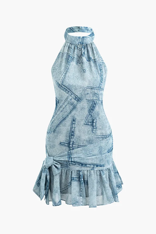 Women’s flowy dresses for breezy comfort -Denim Pattern Halter Knot Pleated Mini Dress