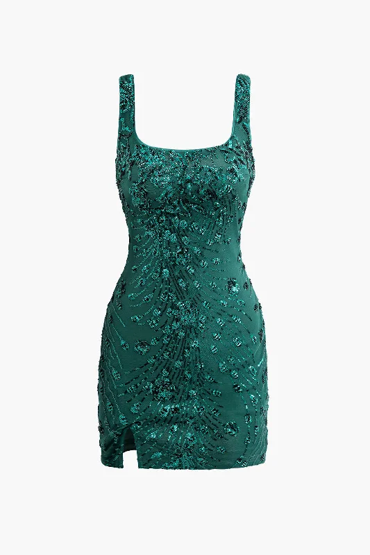 Women’s summer dresses for warm days -Sequin Embellished Square Neck Mesh Split Mini Dress