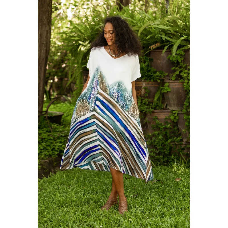 Women’s empire waist maxi dresses for effortless style -Novica Handmade Windy Blue Hand-Painted Batik Cotton A-Line Dress