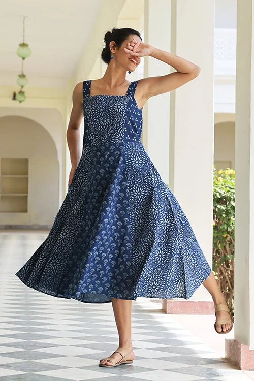 Women’s peplum dresses for flattering waistline -Okhai 'Indigo Spirit' Pure Cotton Hand Block Printed Dress