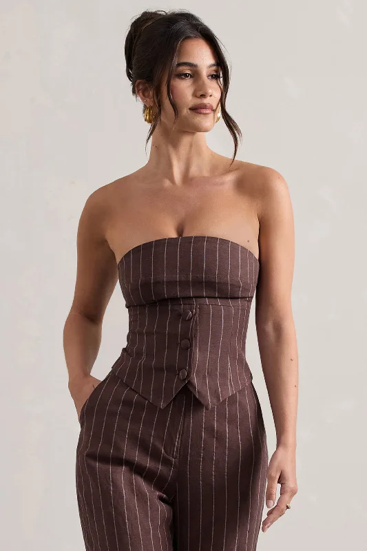 Women’s v-neck tops for casual elegance -On Time | Chocolate Brown Pinstripe Tailored Bandeau Top