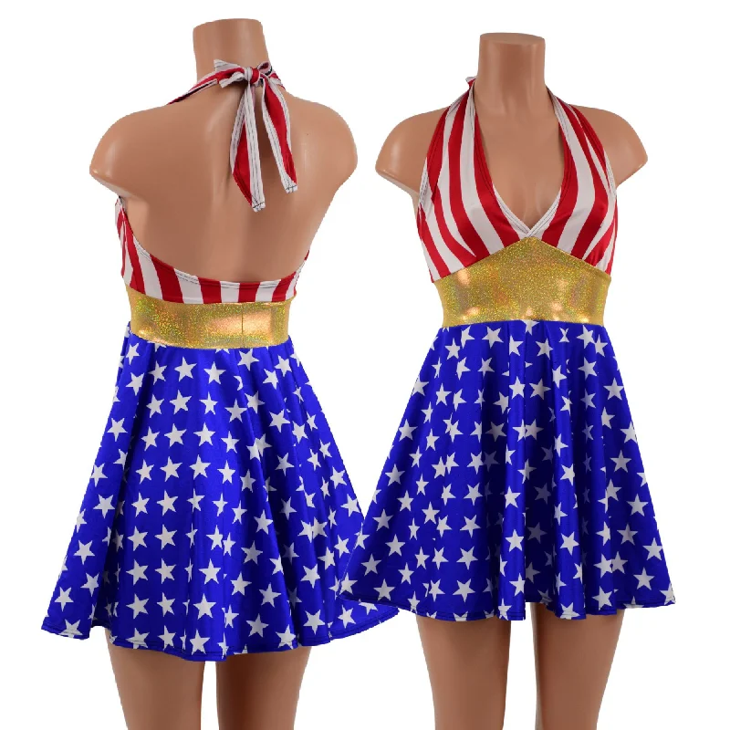 Women’s summer dresses for warm days -Patriotic Stars and Stripes Halter Skater Dress