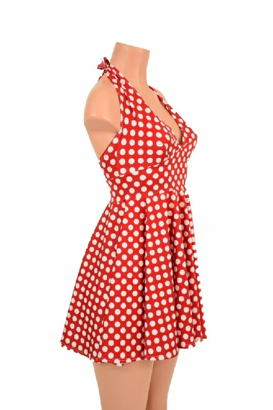 Women’s shift dress for office wear -Red & White Polka Dot Halter Skater Dress