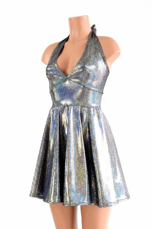 Women’s tiered maxi dresses for boho chic style -Silver Holographic Halter Skater Dress