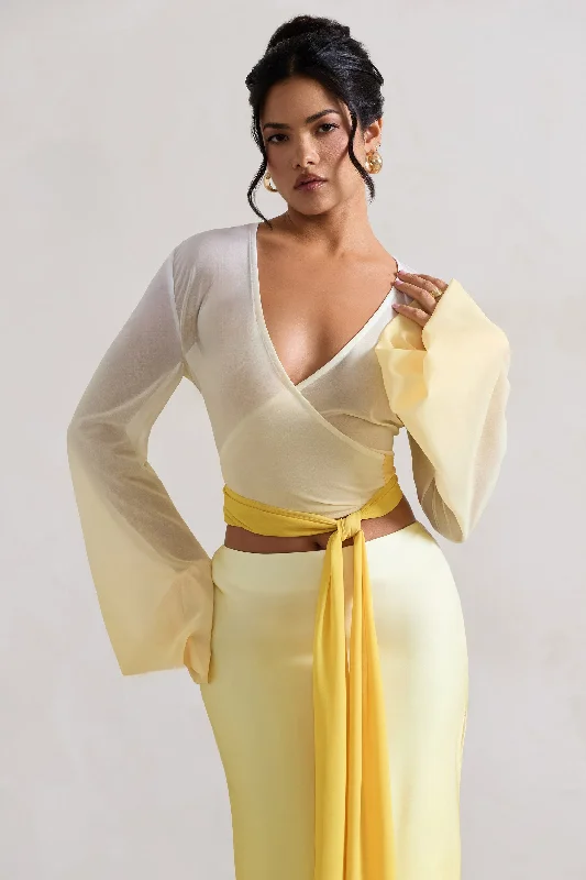 Women’s asymmetrical tops for modern fashion -Sun Seeker | Yellow Ombre Flared-Sleeve Wrap Top