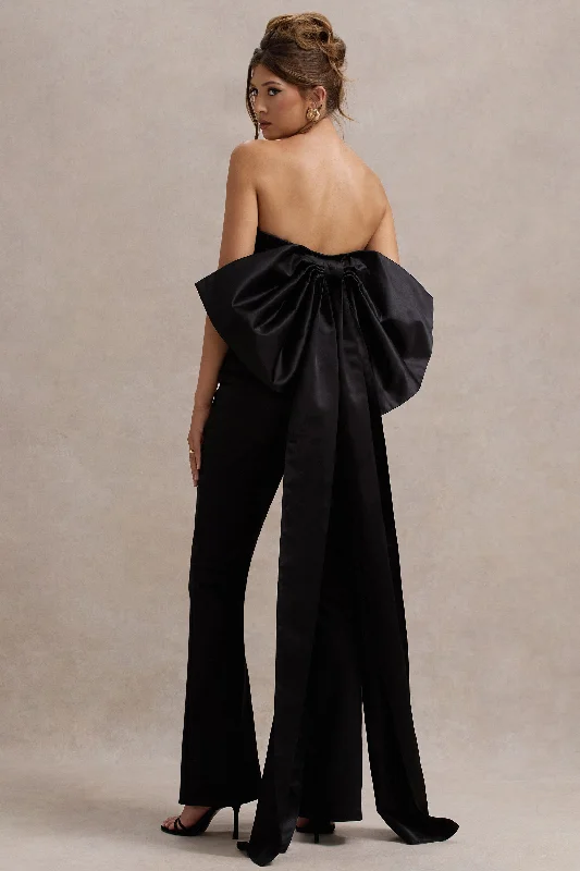 Women’s wrap tops for stylish fit -Sweet Escape | Black Satin Crop Top With Oversized Satin Bow