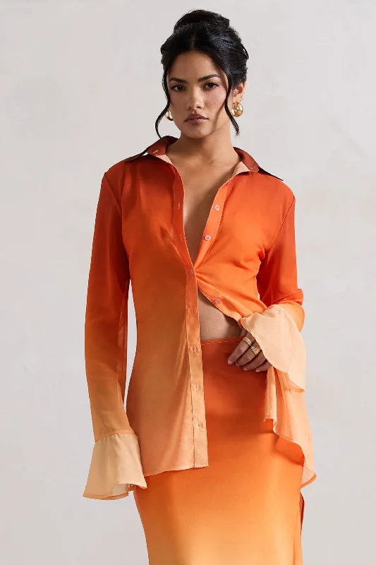 Women’s sheer tops for stylish layering -Tahiti | Orange Ombre Flared-Sleeve Shirt