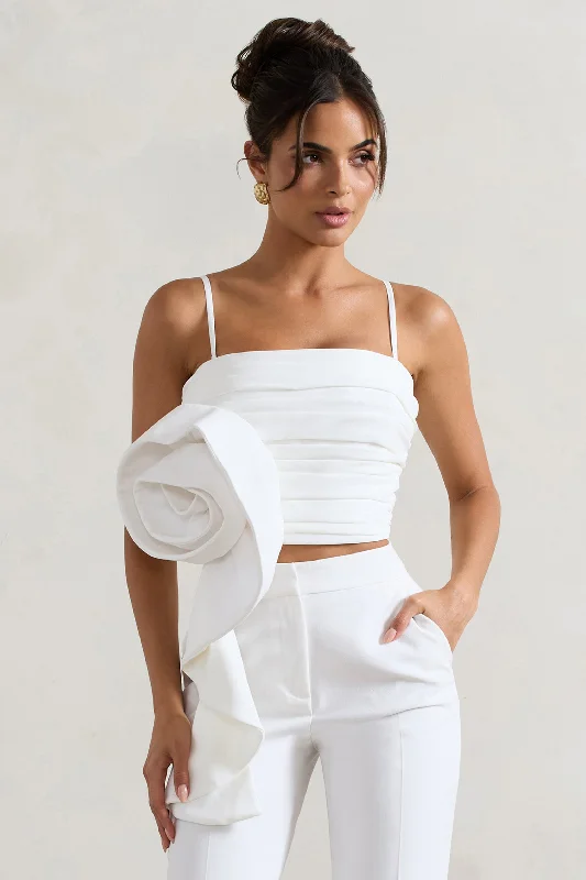 Women’s mock neck tops for chic warmth -Whirlwind | White Strappy Top With Oversized Ruffle Detail