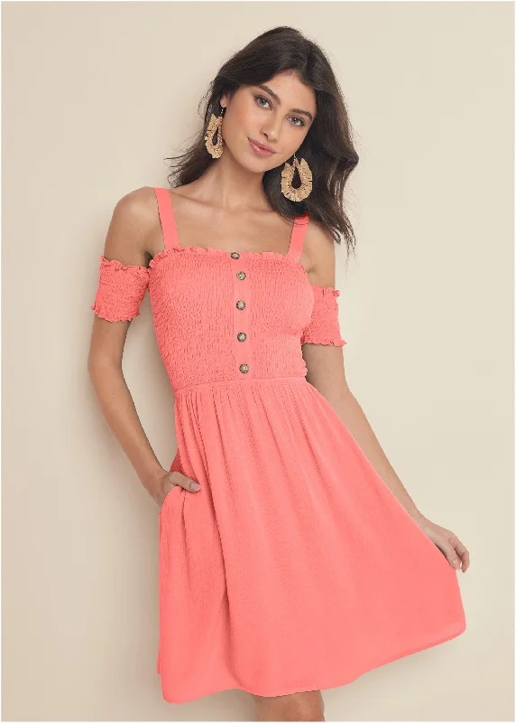 Women’s sweetheart neckline dresses for romantic style -Smocked A-Line Mini Dress - Coral