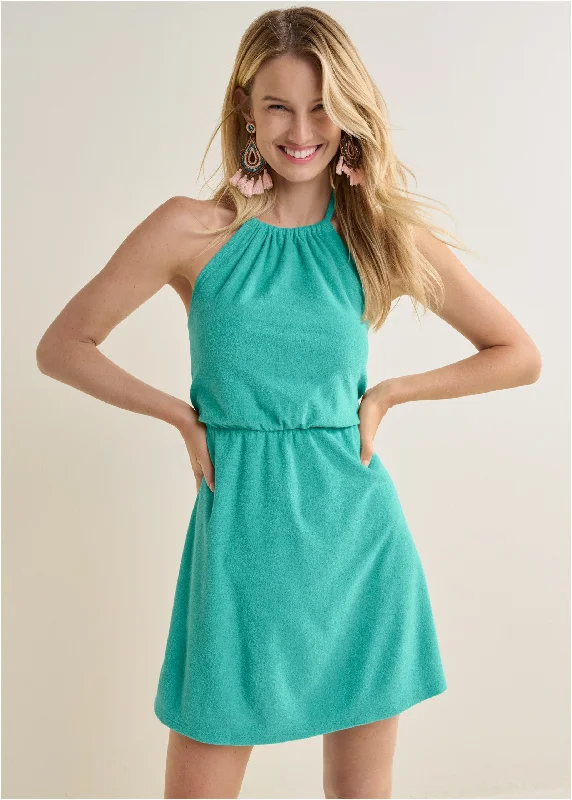 Women’s pleated midi dresses for classic style -Terry Halter Mini Dress - Turquoise