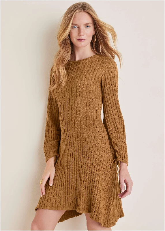 Women’s black dress for timeless elegance -Tie Detail Mini Sweater Dress - Hazelnut