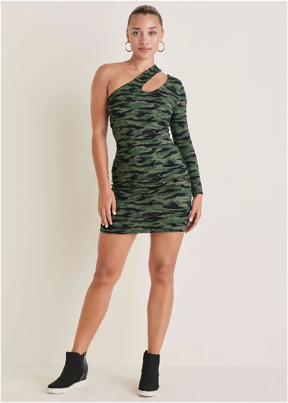 Women’s chiffon dresses for airy feel -One-Shoulder Cutout Mini Dress - Rebel Camo