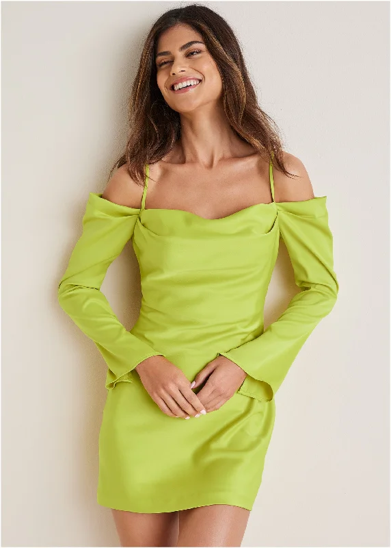 Women’s sheer dresses for ethereal look -Cowl Neck Mini Dress - Lime