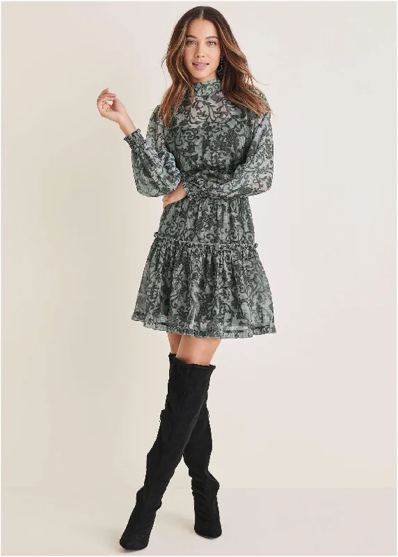 Women’s wrap-around dresses for easy styling -Sheer Ruffle Mini Dress - Menswear Floral