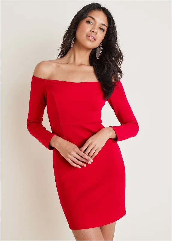 Women’s high-low dresses for dramatic effect -Off-The-Shoulder Mini Dress - Equestrian Red