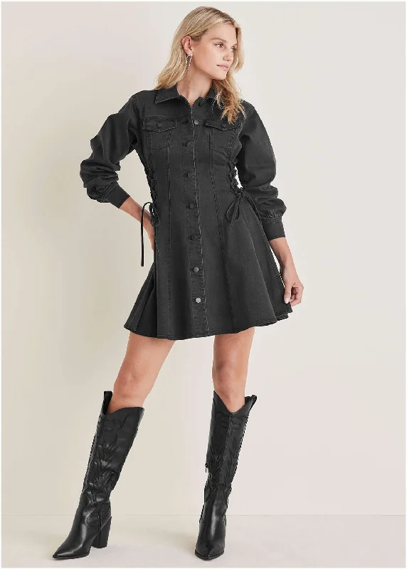 Women’s floral dresses for spring fashion -Lace-Up Denim Mini Dress - Black Wash