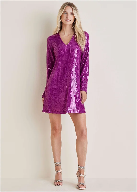 Women’s tiered dresses for playful fashion -Sequin Long-Sleeve Mini Dress - Cattleya Orchid