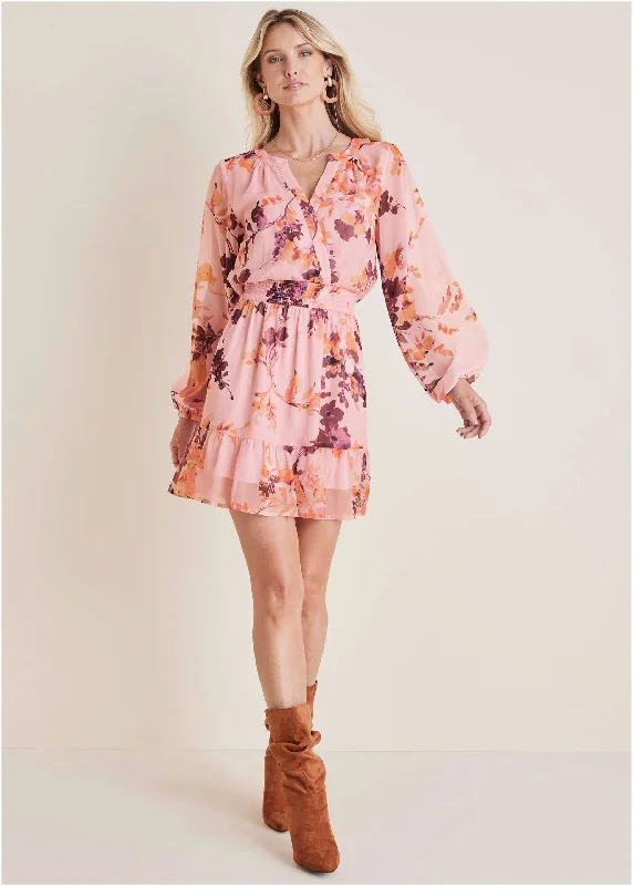 Women’s evening dresses for formal events -Long Sleeve Floral Mini Dress - Winter Floral